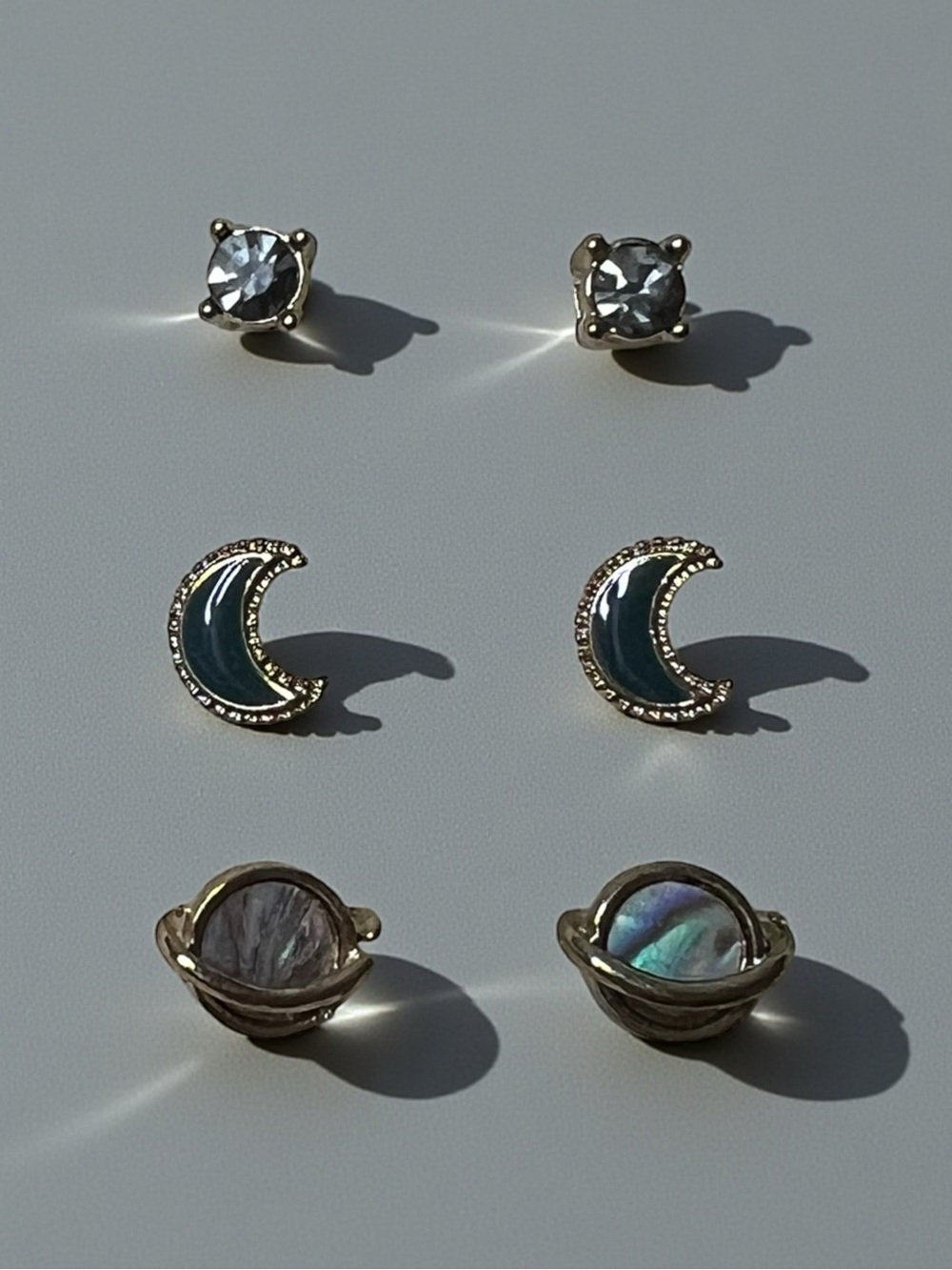 Gold-Tone Moon & Crystal Stud Earring Set - Green Moon, Iridescent, Clear